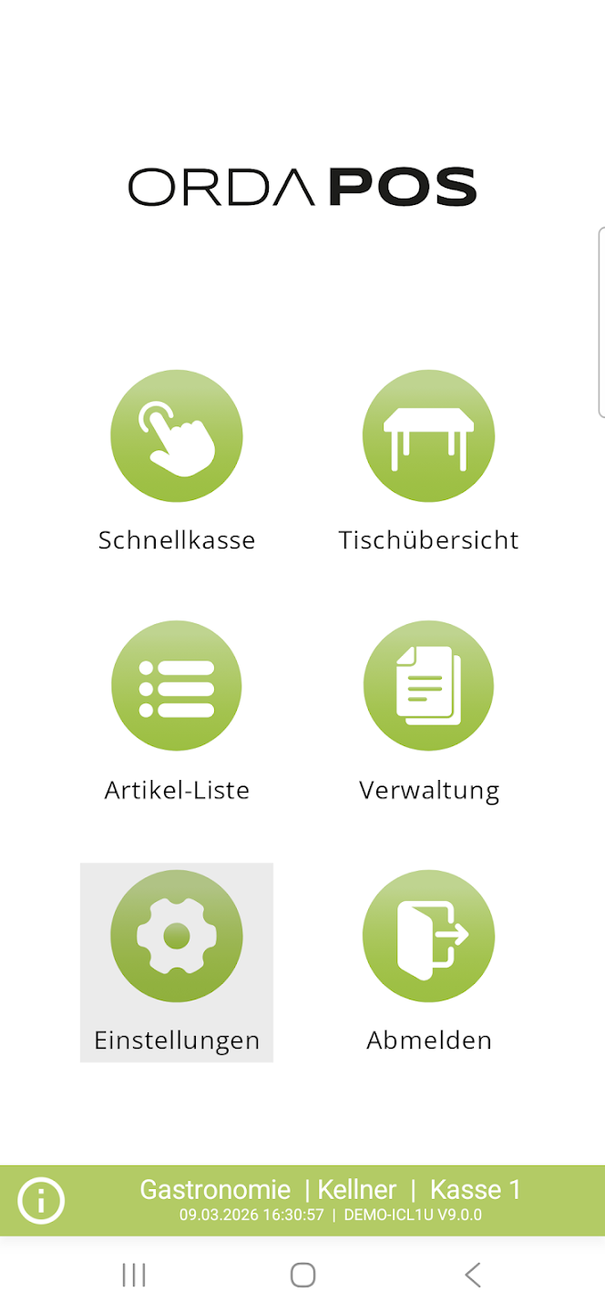 ORDA POS Android Gastro Kassensoftware von GastroSoft mit Schnellkasse, Tischübersicht, Artikel-Liste, Verwaltung und Einstellungen