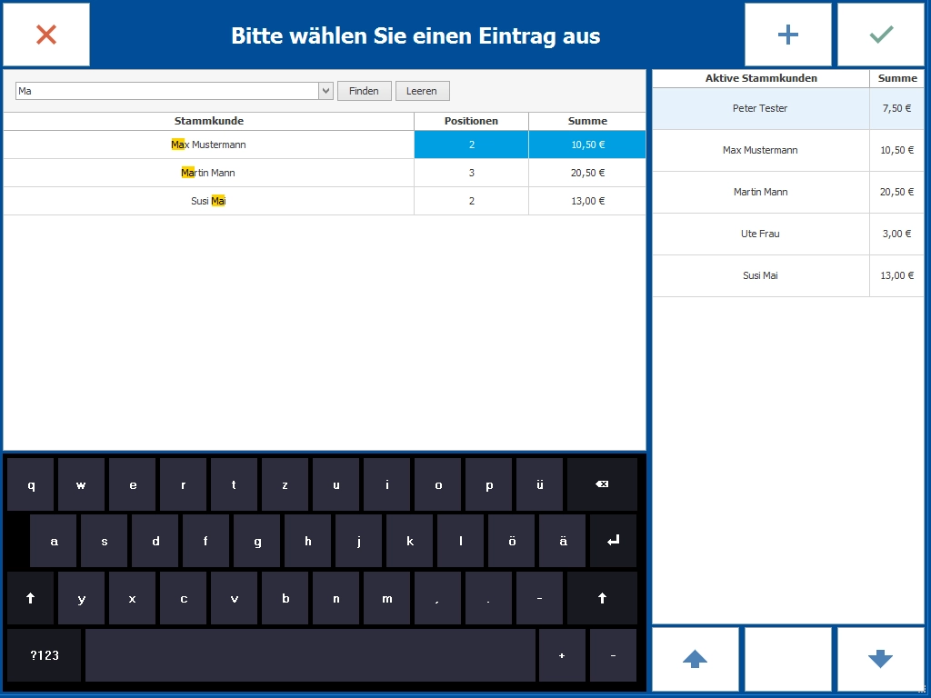 Screenshot POS-Software Kundenauswahl mit Tastatur