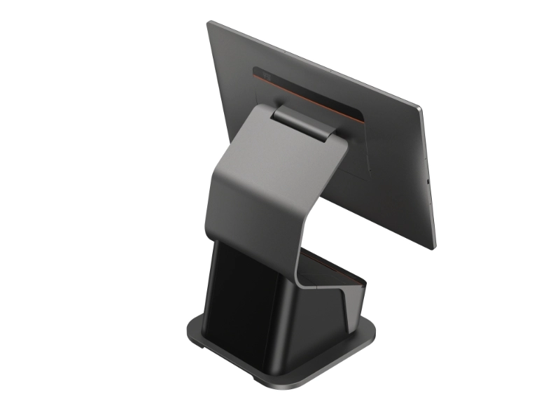Rückansicht des Sunmi T3 PRO Max Android Touch Kassensystems mit 15,6 Zoll Display, Standfuß und integriertem 80-mm-Thermodrucker
