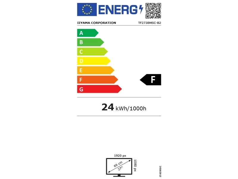 EU energy label for Iiyama TF2738MSC-B2 27-inch open frame touch monitor, rated class F with 24 kWh/1000h, Full HD 1920 x 1080 display