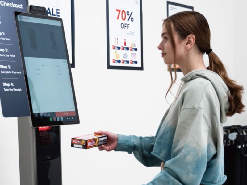 Kundin scannt eine Schachtel an einem Self-Checkout-Kiosk mit Touchscreen – moderne Kassentechnik für den Einzelhandel