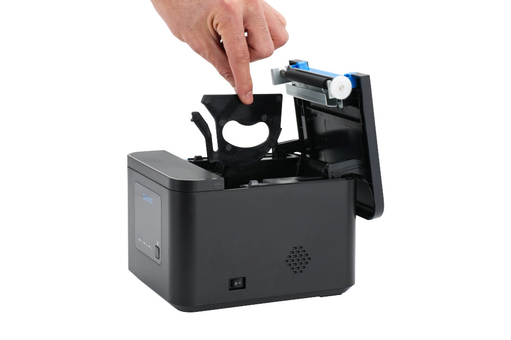 Schwarzer MagicPOS Sam4S H-Cube 102 Bondrucker mit geöffnetem Deckel, USB, Netzwerk und seriell für Kasse, POS und Gastronomie