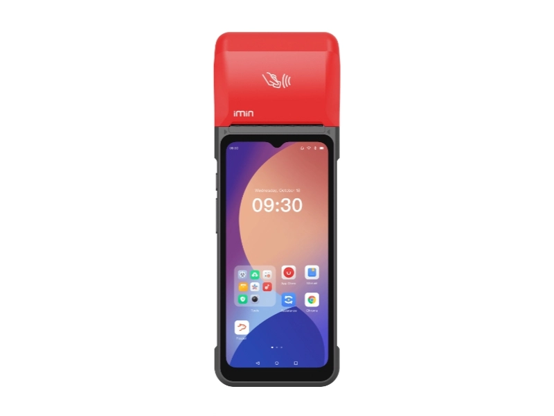 Rotes iMin Android-POS-Terminal mit Touchscreen und NFC