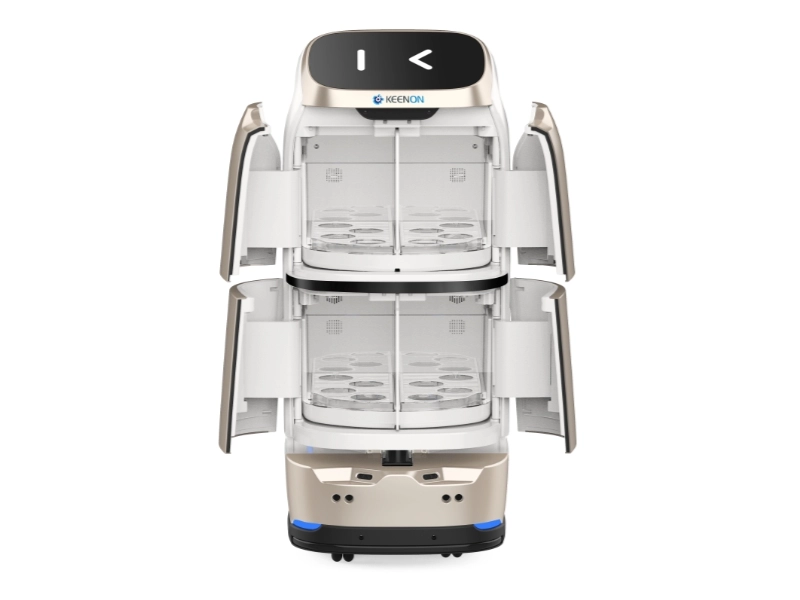 Keenon W3-BUTLERBOT Serviceroboter für Hotels mit geöffneten Lieferfächern für autonome Butler-Dienste wie Snacks, Gepäck und Extras