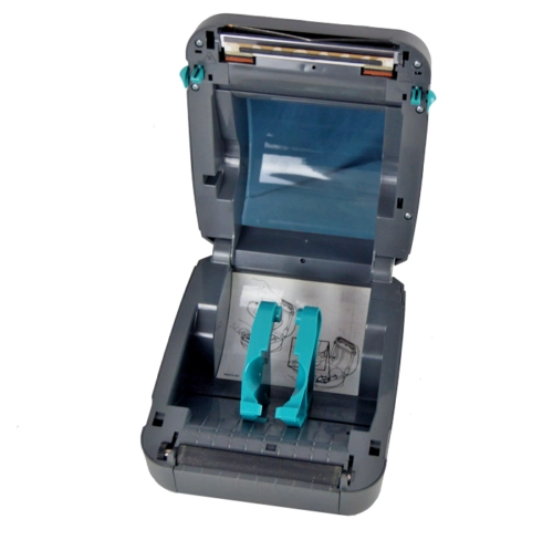 Refurbished Zebra GK420d black thermal label printer with USB and LAN, open view for fast direct thermal labels in shipping, warehouse and POS use