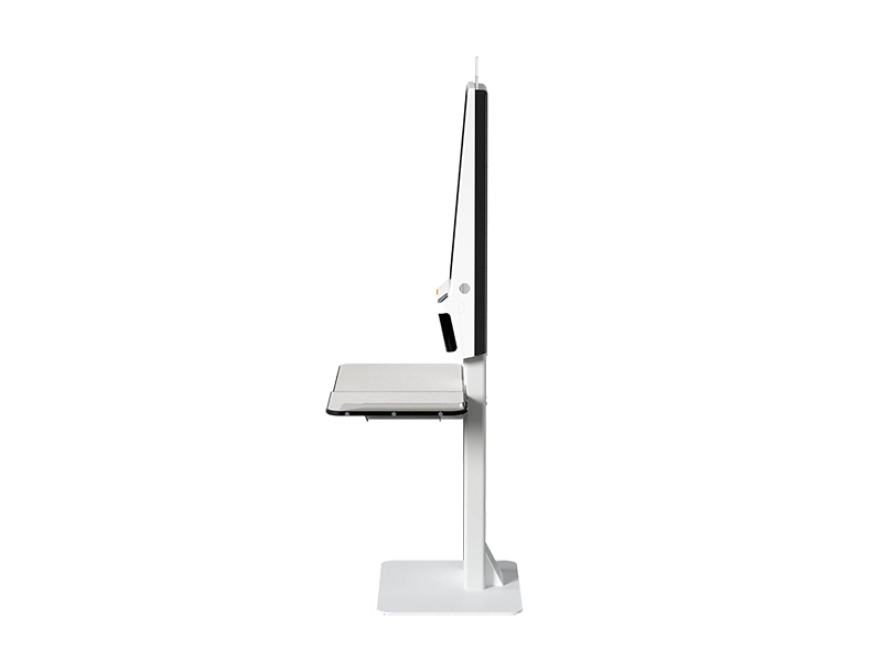 Seitenansicht des Sunmi K2 24 Zoll Self-Ordering-Kiosksystems mit Touchdisplay, Standfuß und Seitentisch für Retail, Gastro und Self-Checkout