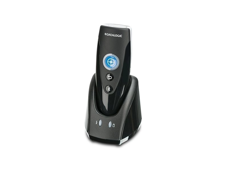 Compact Datalogic RIDA DBT6400 Bluetooth 1D/2D barcode scanner with charging cradle for POS, retail and inventory use on Android, iOS and Windows