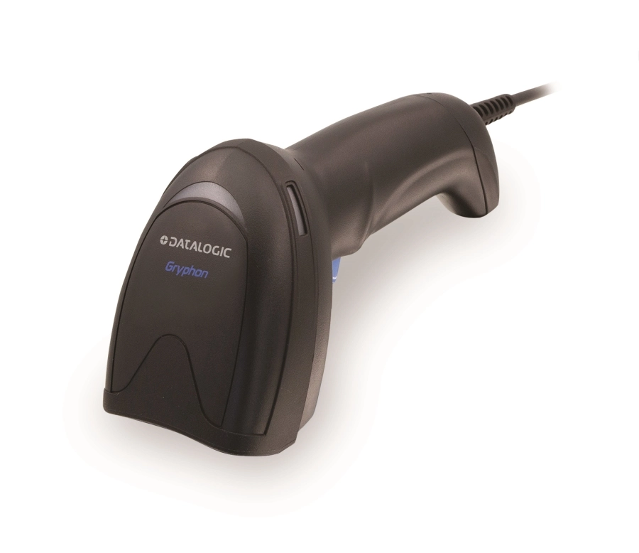 Black Datalogic Gryphon I GD4220 corded USB linear imager for fast 1D barcode scanning in retail and warehouse environments