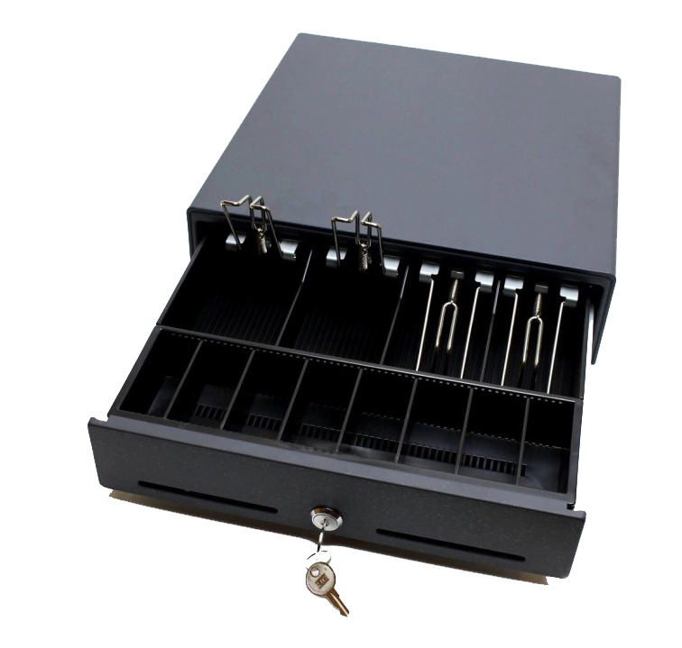 Open Metapace K-2 compact black cash drawer for POS use, showing 8 coin slots, 4 note slots, cheque slot and key lock