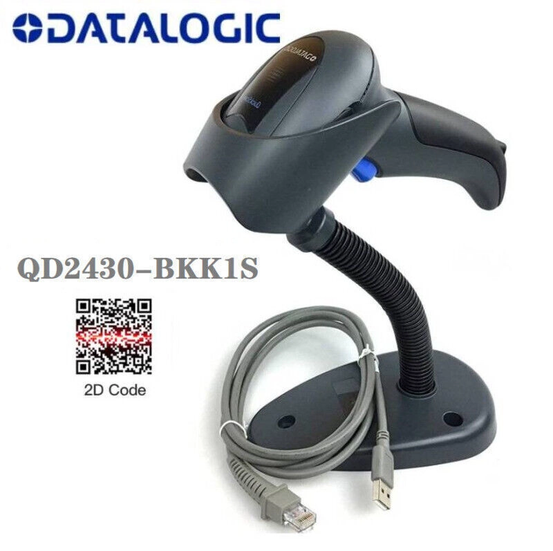Refurbished Datalogic QuickScan QD2430 USB handheld 1D/2D barcode scanner with stand and cable for fast, reliable retail POS checkout
