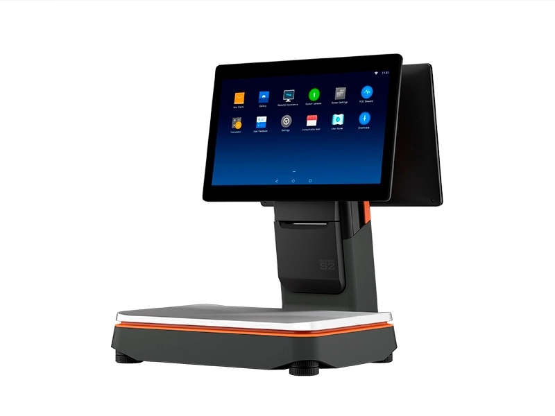 SUNMI S2 Android POS hardware with 15.6-inch touch display, integrated scale, customer screen and 80mm printer for fresh food retail shops