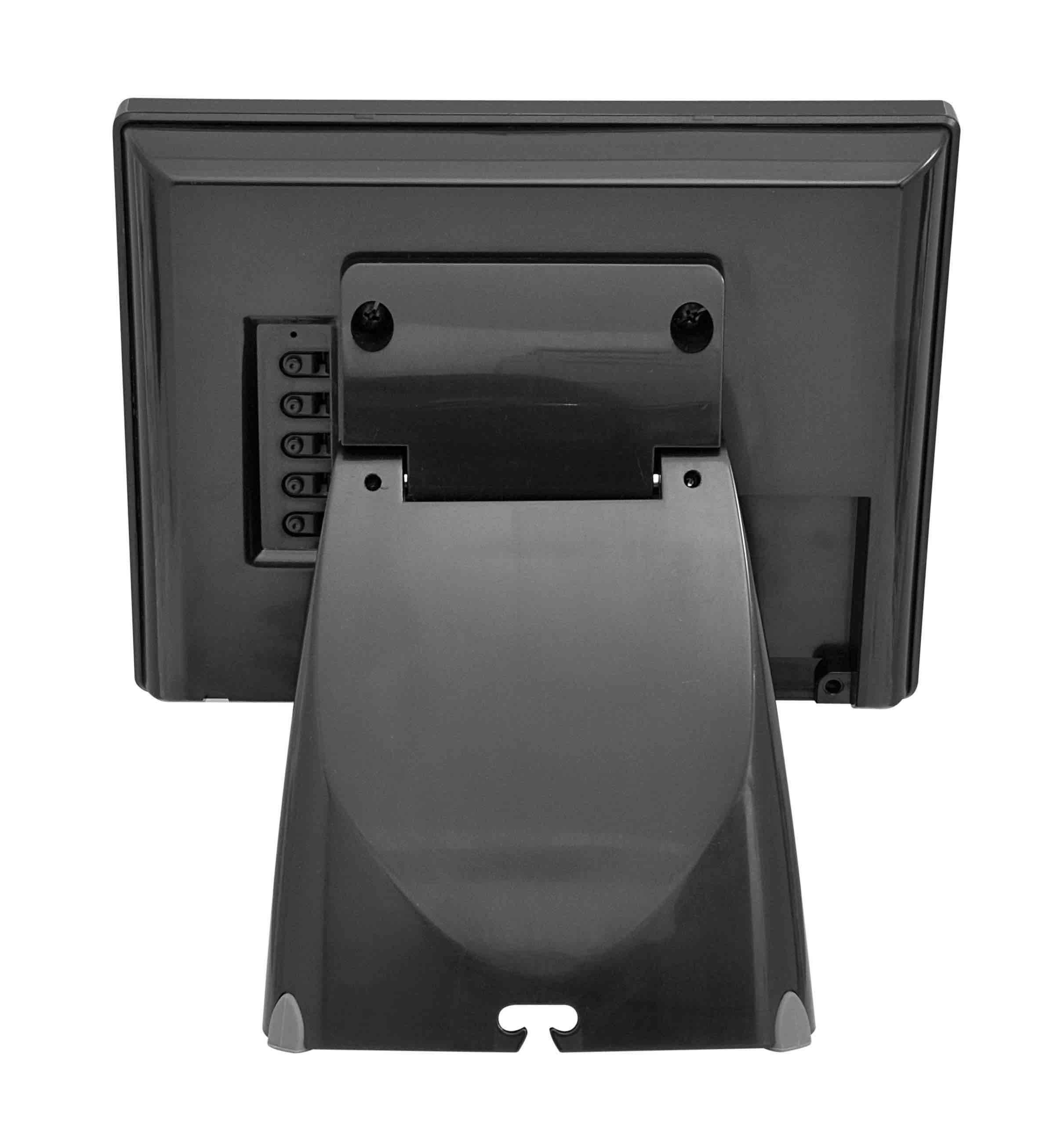 Rückansicht der schwarzen MagicPOS MP080VG Kundenanzeige mit Standfuß, 8-Zoll-Zweitmonitor mit Schutzglas und VGA über USB für Kasse und Theke