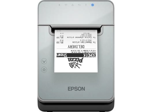 Epson TM-L100 Linerless Etikettendrucker in Schwarz mit gedrucktem Delivery-Etikett, USB, RS232 und Ethernet für Gastronomie und POS