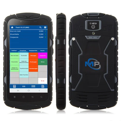 Robustes Smartphone mit MP-Logo und Gastro-Kassensystem