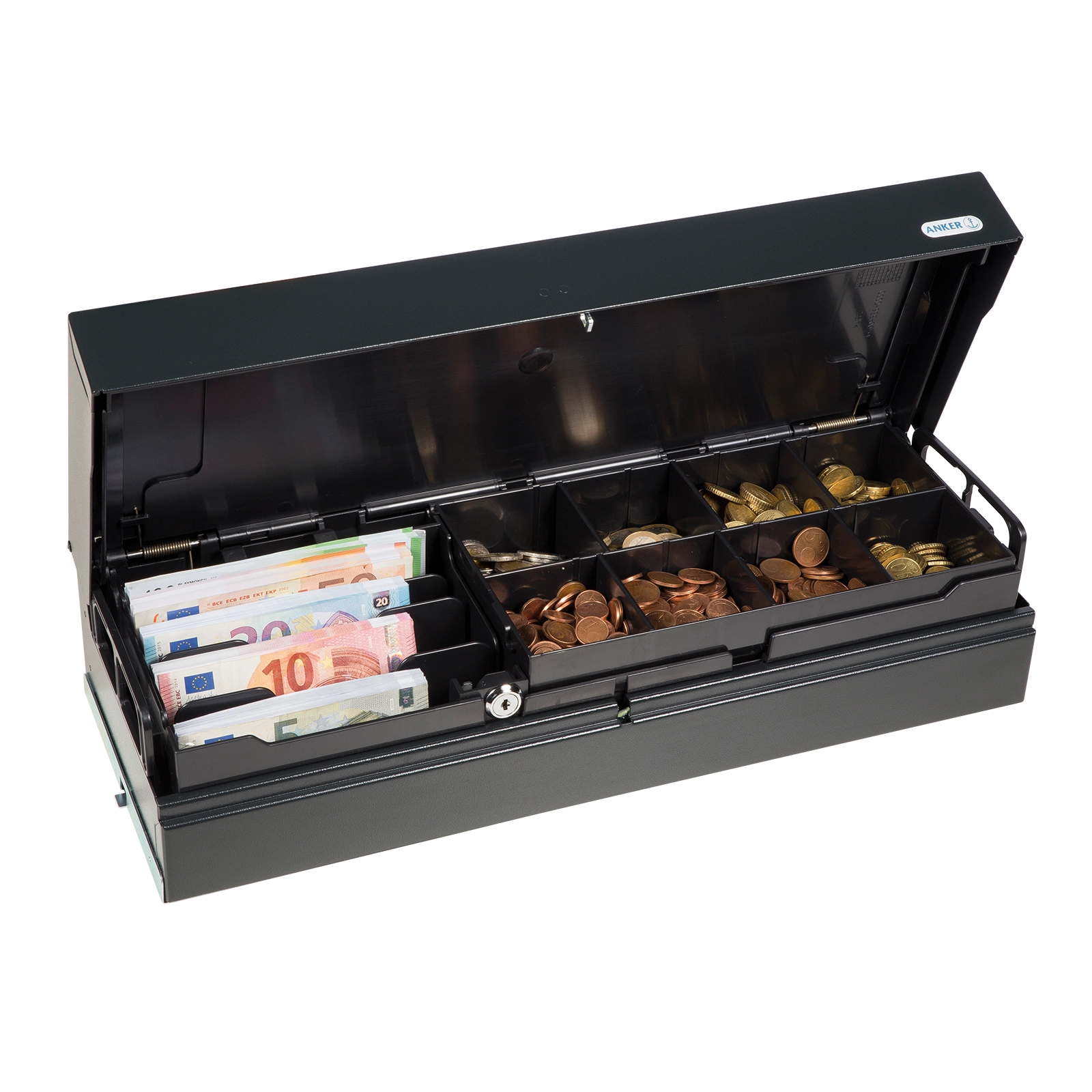 Geöffnete Kassenklapplade Anker UCC Kit in Anthrazit mit Klappdeckel, Geldscheinfächern, Münzfächern und Schloss für Handel und Gastronomie