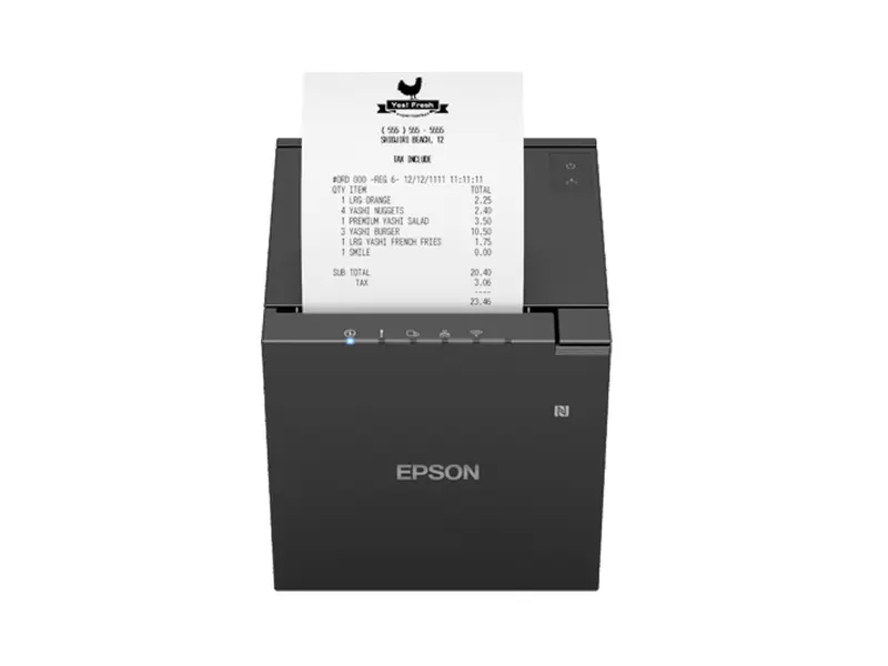 Schwarzer Epson Bondrucker druckt einen Kassenzettel