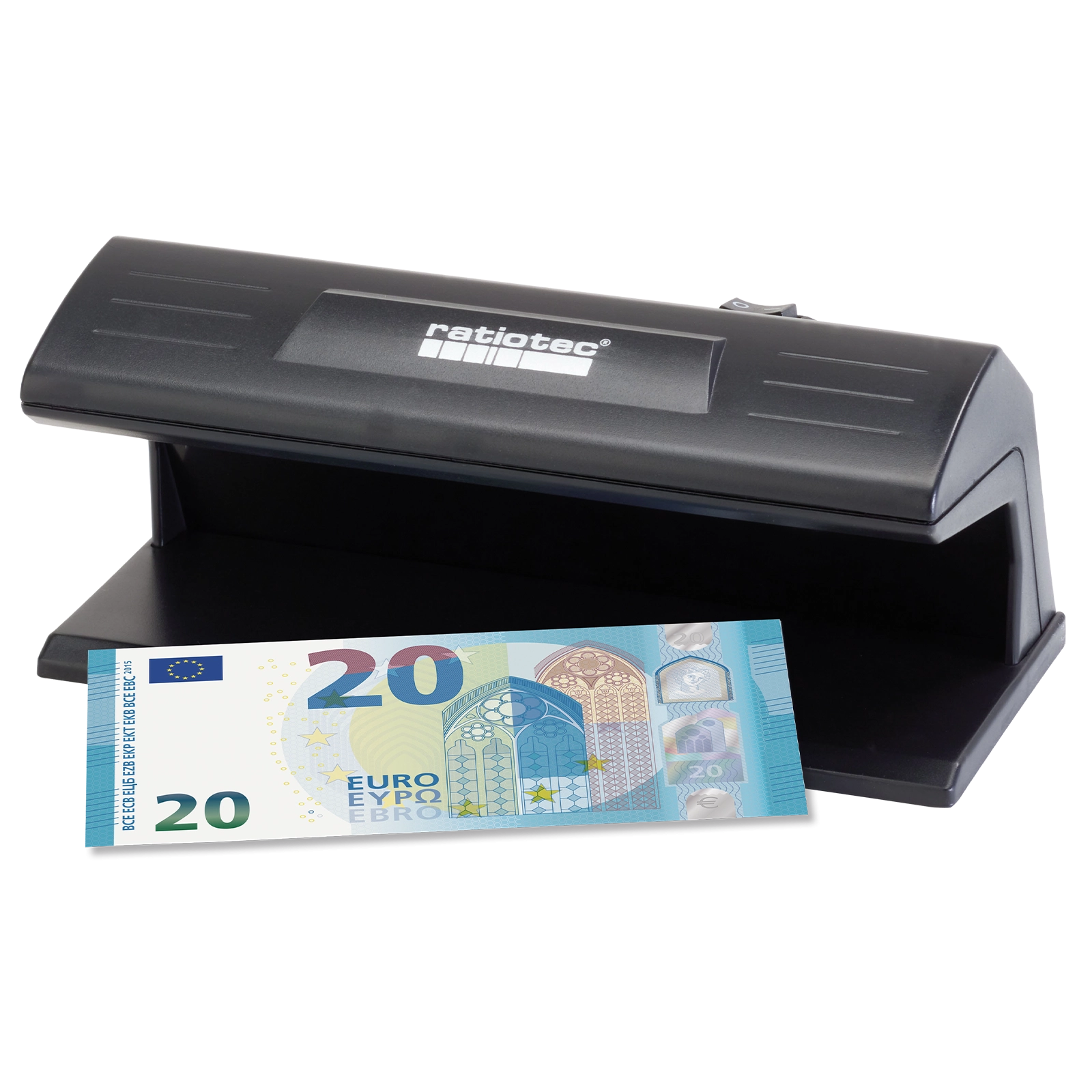 Schwarzer Ratiotec Soldi-120 Geldscheinprüfer mit 20-Euro-Schein zur manuellen Echtheitsprüfung per UV, Magnetsensor und Weißlicht am Kassenplatz