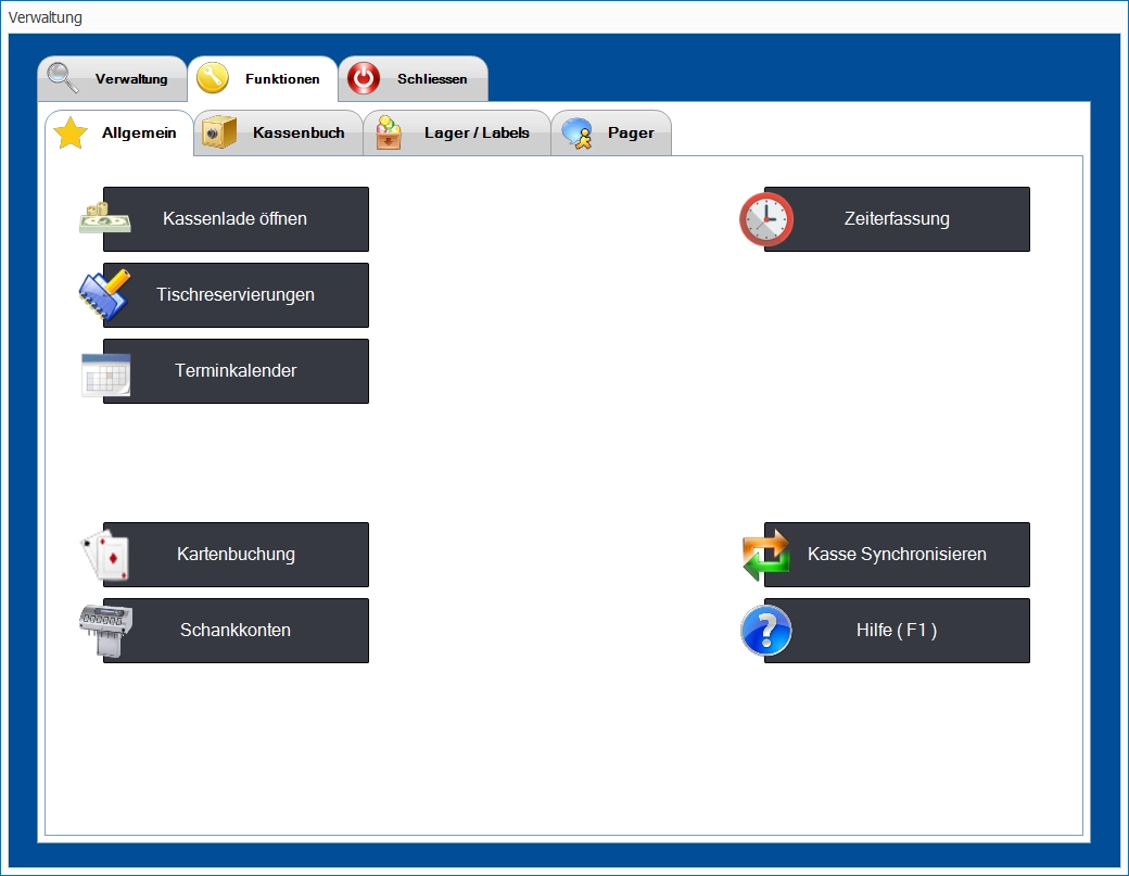 Screenshot Kassensoftware Verwaltung mit Kassenfunktionen