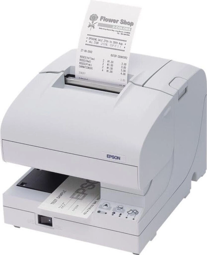 White Epson TM-J7200 multi-station inkjet POS printer with receipt and form output, 600 dpi, USB/Ethernet for busy retail checkout use
