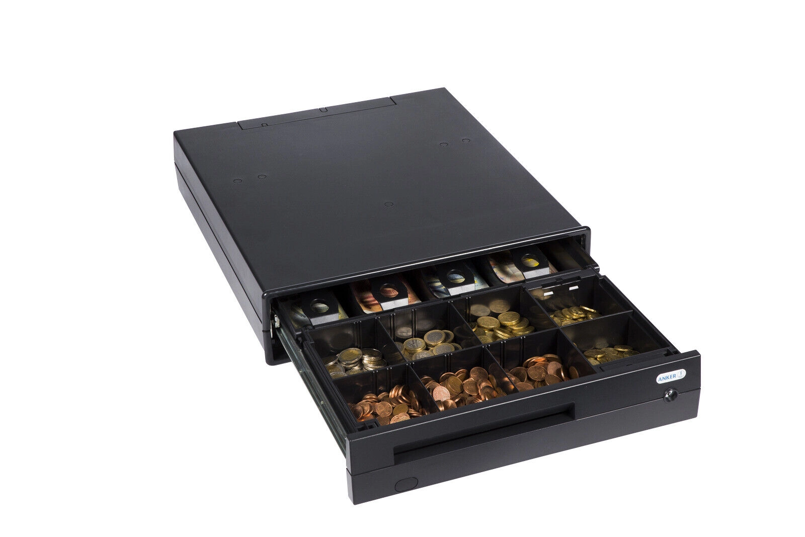 Open Anker UCD anthracite braked cash drawer with flexible till insert, coin compartments and lock for POS, supermarkets and self-checkout lanes