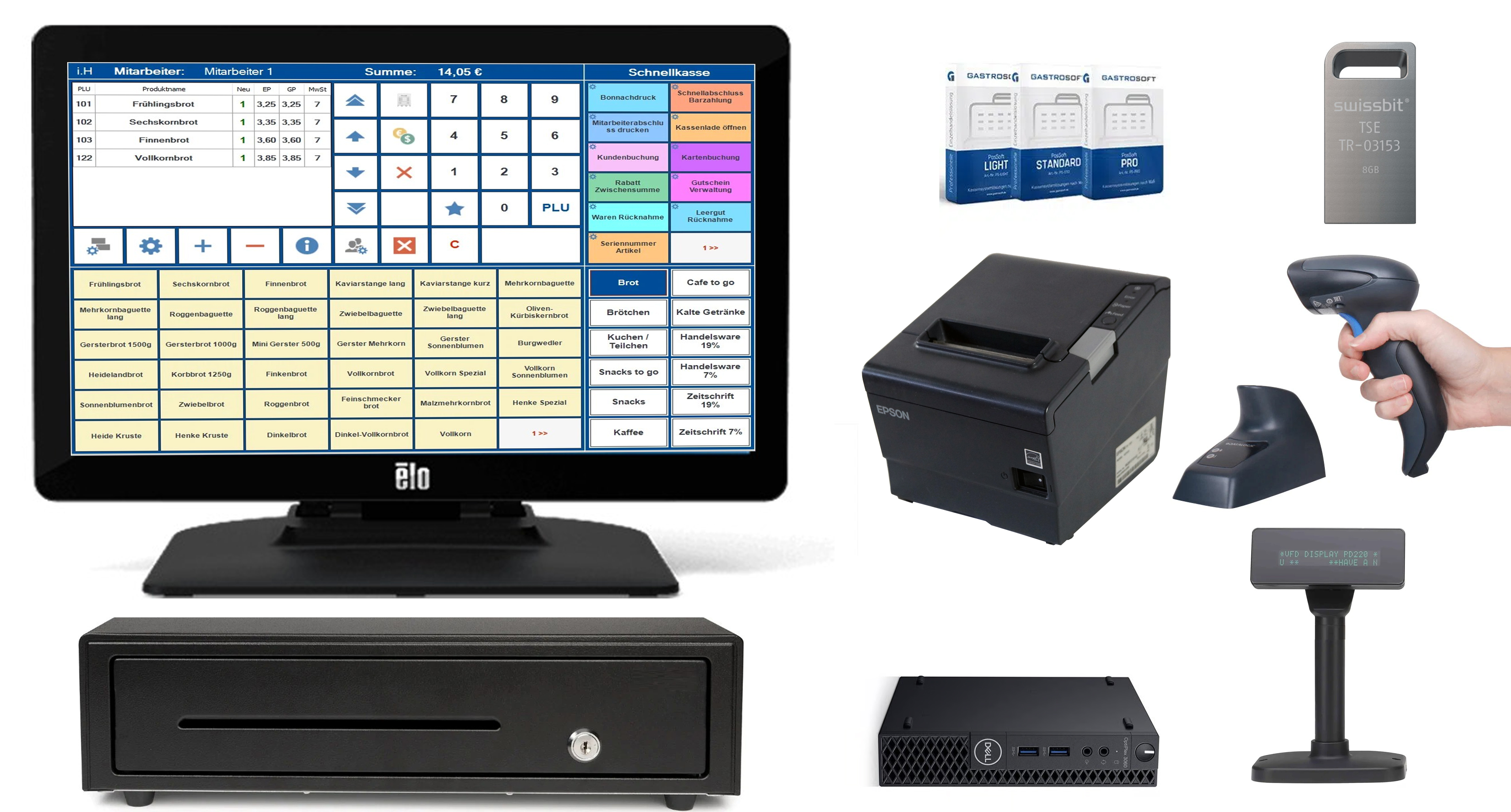 Komplettes Kassensystem mit Touchscreen, Drucker und Scanner