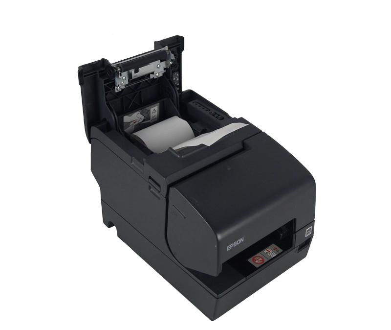 Schwarzer Epson TM-H6000V Mehrstationen-Drucker mit geöffnetem Bonrollenfach, Cutter sowie USB-, RS232- und Ethernet-Anschluss für POS-Kassen