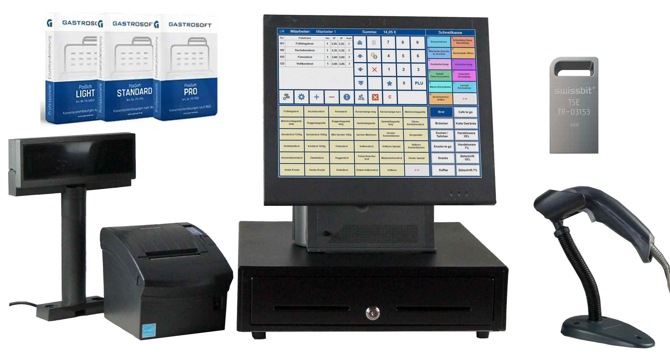 Handel Kassensystem 15 Zoll Touch IBM StarterSetplus  + Barcode + Kassensoftware PosSoft + TSE-Paket