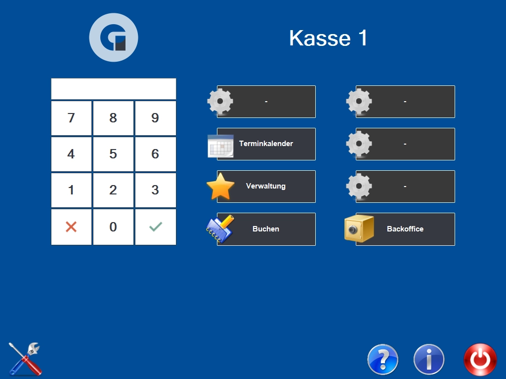 Screenshot der PosSoft Standard Kassensoftware für den Einzelhandel mit Kasse 1, Nummernfeld, Verwaltung, Buchen und Backoffice