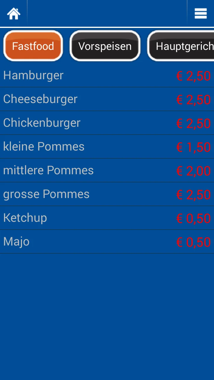 Screenshot einer Fastfood-Speisekarte mit Preisen