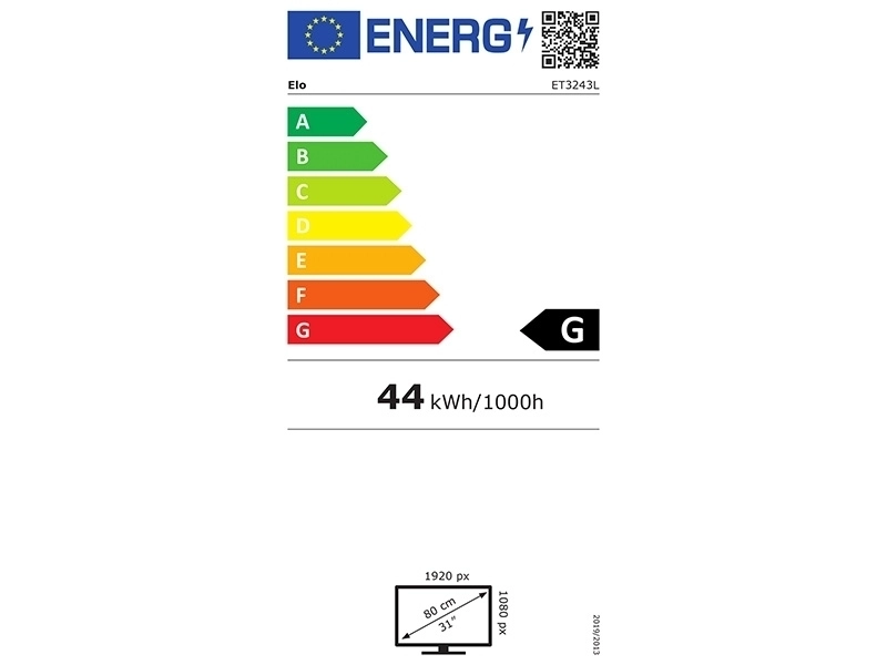 EU energy label for the EloTouch 3263L 31.5-inch open-frame Full HD PCAP touch monitor, showing energy class G and 44 kWh/1000h.