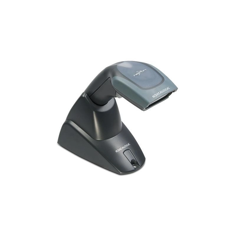Datalogic Heron D130 1D USB handheld barcode scanner on stand for retail POS checkout systems