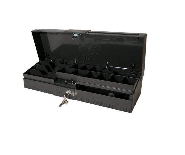 Open Anker Euro Cash Cassette in anthracite, compact ABS flip-top POS cash drawer with key lock, 6 note slots and 9 coin compartments