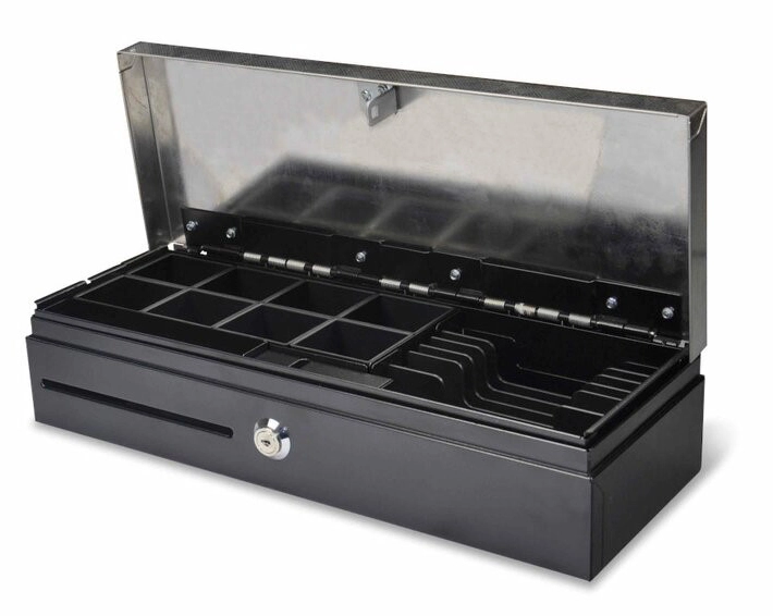 Geöffnete MagicPOS MP-460 Kassenklapplade in Silber/Schwarz mit 8 Münzfächern, 6 Scheinfächern, Scheckfach und Schloss für POS-Kassenplätze
