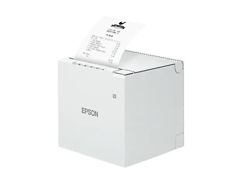 Weißer Epson Bondrucker druckt einen Kassenbon