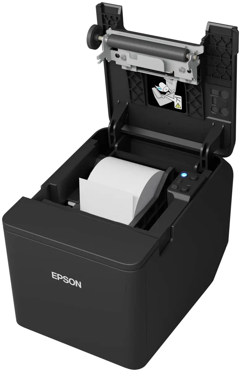 Schwarzer Epson Bondrucker mit eingelegter Papierrolle