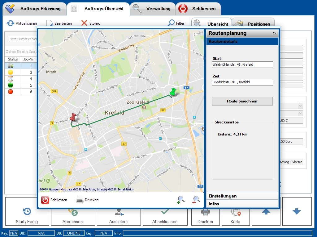 Screenshot einer Routenplanungssoftware mit Karte von Krefel
