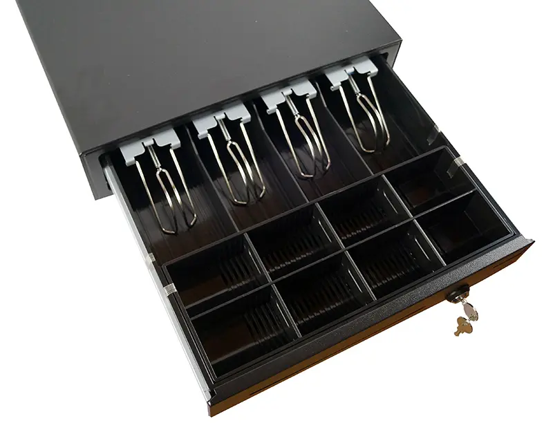 Schwarze Kassenschublade mit Münz- und Scheinfach