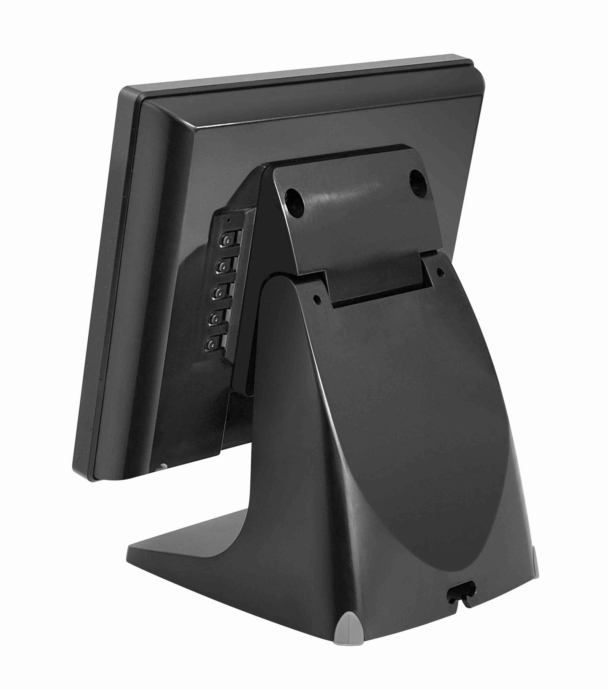 Rückansicht der schwarzen MagicPOS MP080VG Kundenanzeige mit 8-Zoll-Display, Schutzglas, VGA über USB und stabilem Standfuß für Kasse und Theke