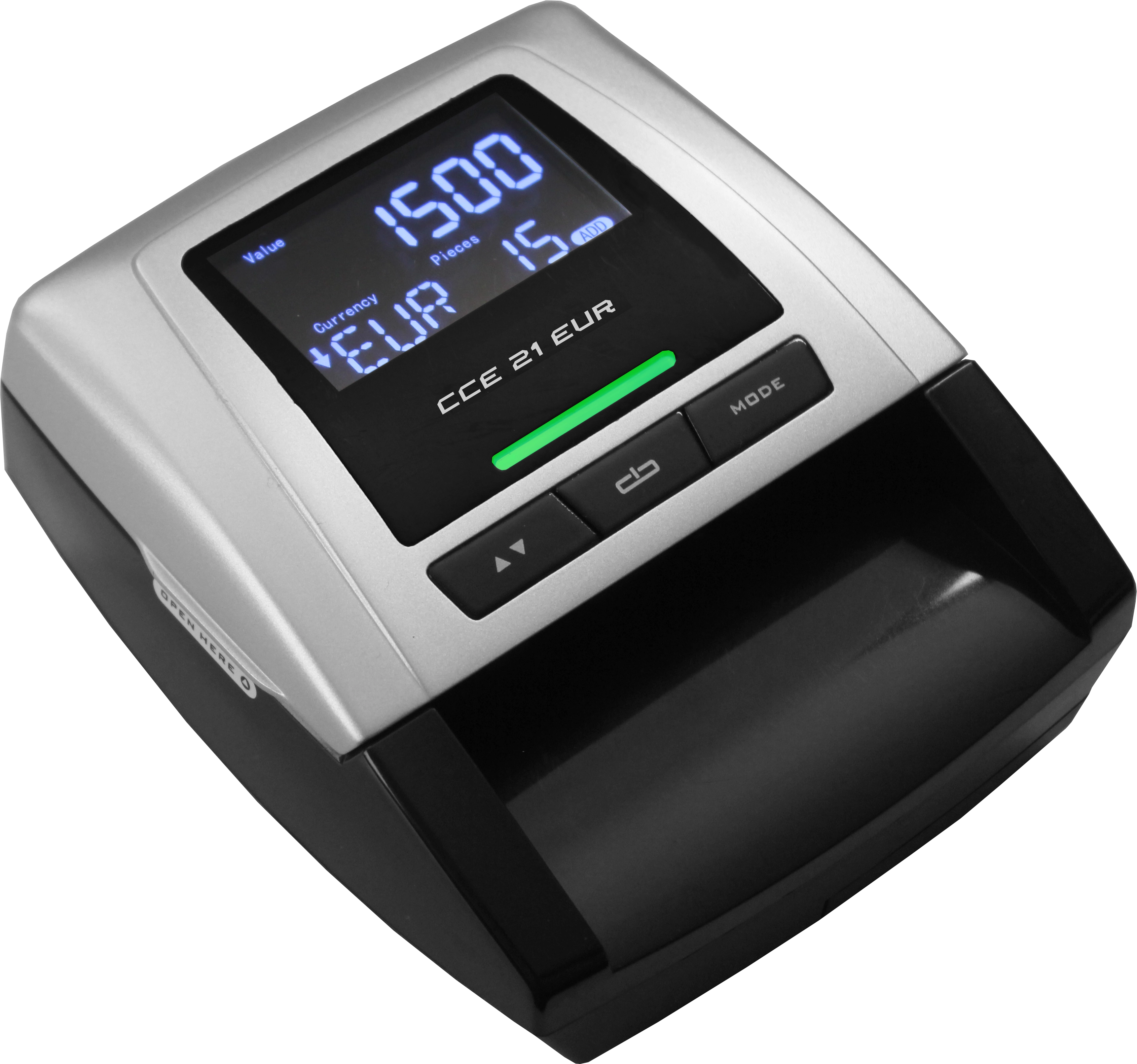Safescan CCE 21 EUR Geldscheinprüfgerät in Schwarz-Silber mit blau beleuchtetem Display, grüner Statusleiste und Bedienknöpfen zur Euro-Prüfung