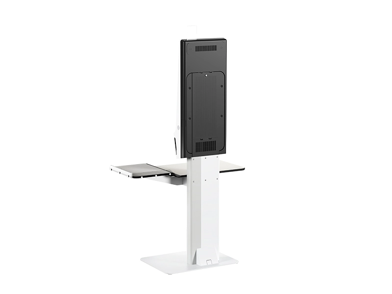 Rückansicht des Sunmi K2 Self-Ordering-Kiosksystems mit 24-Zoll-Touchdisplay, Standfuß und Seitentischen für Retail, Gastro und Self-Service