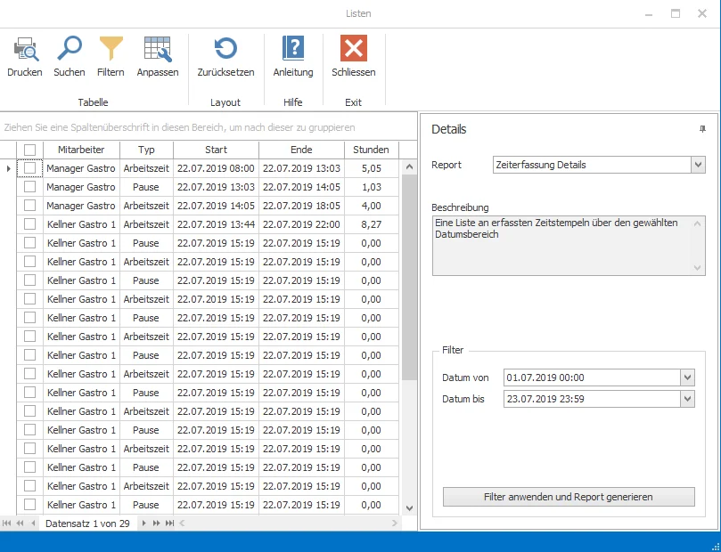 Screenshot einer Zeiterfassungsliste mit Filter