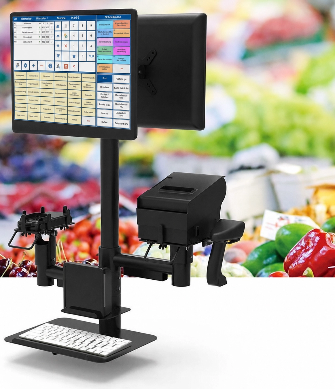 Modernes Kassensystem mit Touchscreen, Kundendisplay, Bondrucker, Scanner und Tastatur für den Einzelhandel