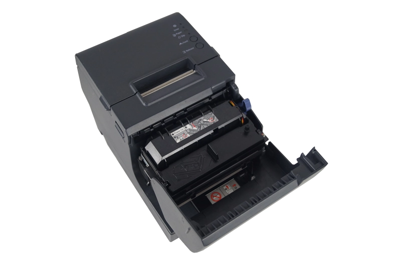 Epson TM-H6000V Mehrstationen-Drucker in Schwarz mit geöffneter Frontklappe für POS, Bons, Rezepte und Schecks, generalüberholt