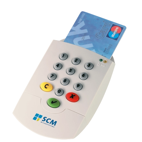White Identiv SPR332 v2.0 USB smart card reader with secure PIN pad, shown with bank card inserted for protected logins and payments