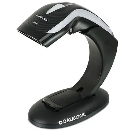 Schwarzer Datalogic QuickScan Barcodescanner auf Standfuß