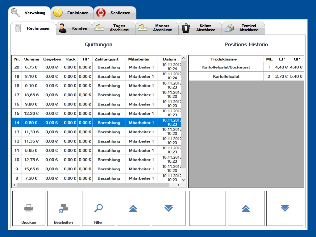 Screenshot einer Kassensoftware mit Quittungsübersicht