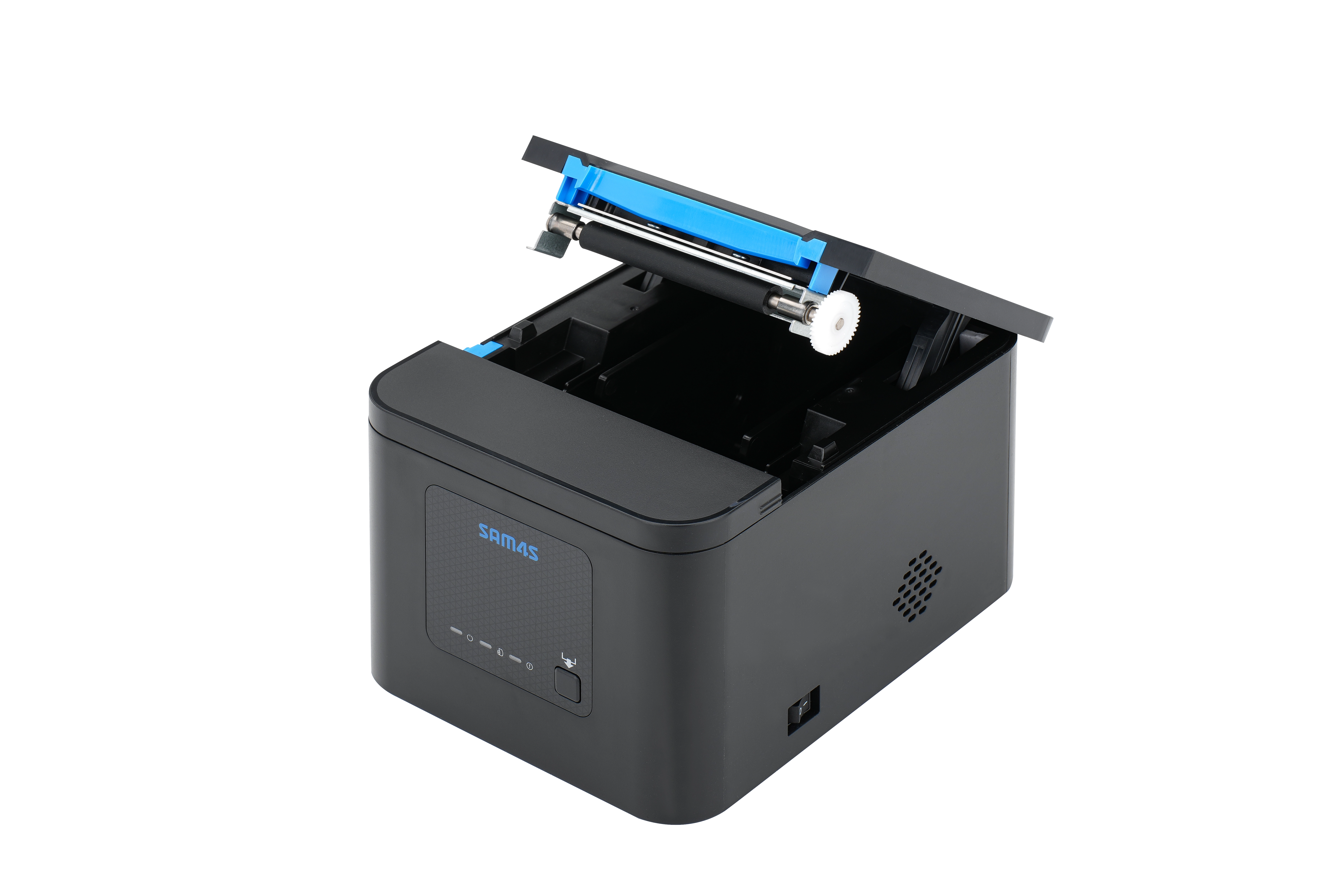 Geöffneter schwarzer Bondrucker MagicPOS Sam4S H-Cube 102 mit USB, WLAN und Bluetooth für Kasse und POS