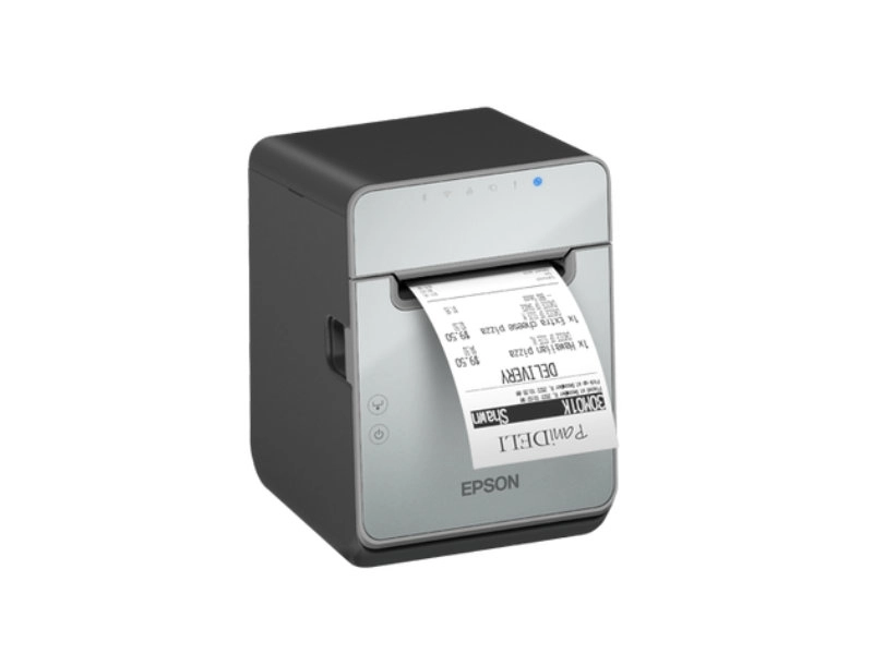 Epson TM-L100 Etikettendrucker in Schwarz mit ausgegebenem trägerlosem Etikett für POS, Gastronomie und Einzelhandel, USB, RS232 und Ethernet