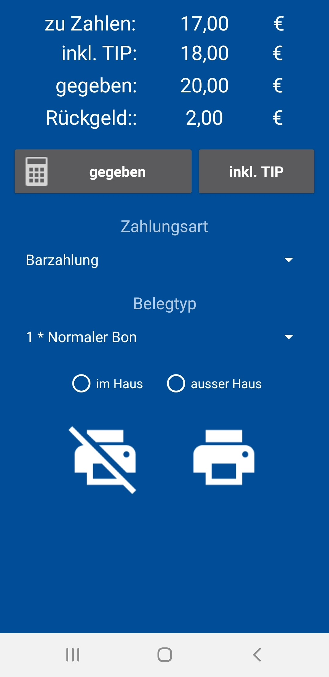 Kassensystem Bildschirm mit Barzahlung, Trinkgeld und Bon