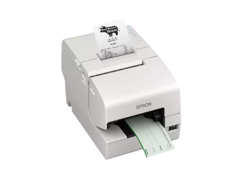 White refurbished Epson TM-H6000VI hybrid POS printer printing receipt and slip, with thermal and impact functions plus RS232, USB and Ethernet for retail, banking and hospitality.